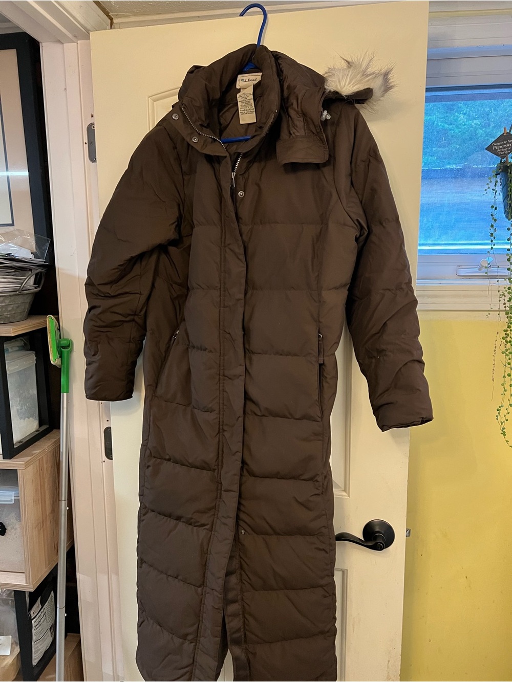 L.L. Bean Women's Brown Long Down Puffer Coat with Faux Fur Trim